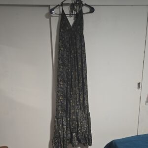 Vintage Silk Paisley V Neck Low Back Blue Black Tan Maxi Dress